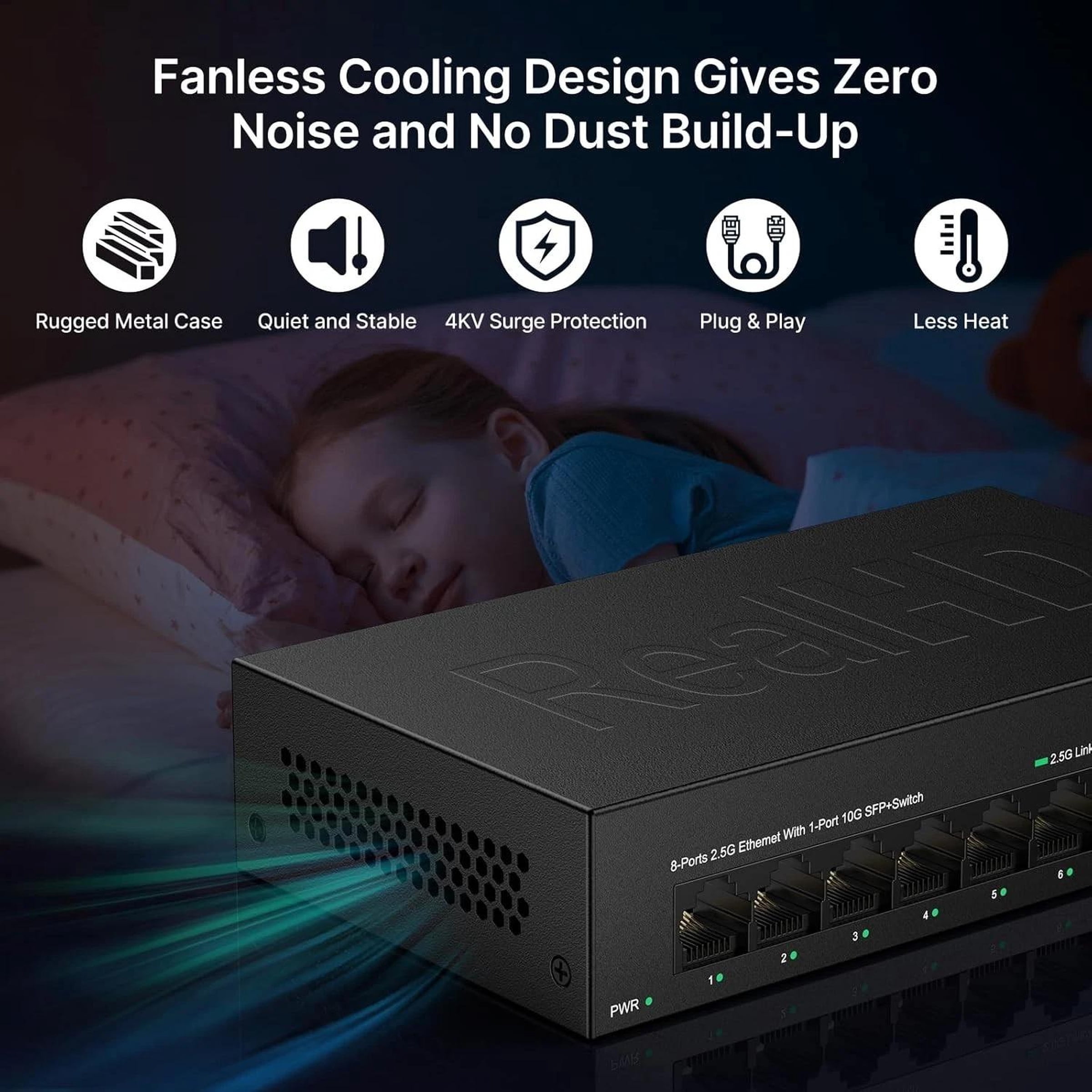 8 Port 2.5Gb Ethernet Switch Unmanaged Network Switch w/8 x 2.5G & 1 x 10G SFP
