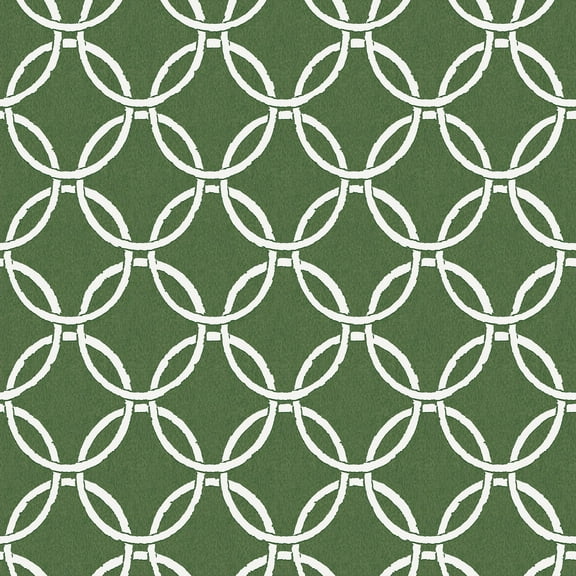 3122-11004 Quelala Green Ring Ogee Wallpaper with Interlocking Circle Chain in Green White Colors Modern Style Prepasted Acrylic Coated Paper