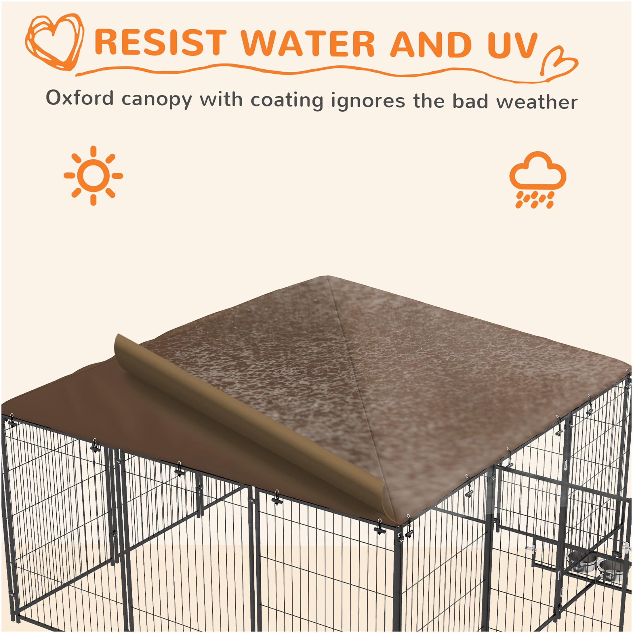 JERFIT 6.9' x 6.9' x 5' Outdoor Dog Kennel with Removable Canopy, Rotating Feeding Door, Weather-Resistant Metal Playpen for Large Dogs, Coffee Brown