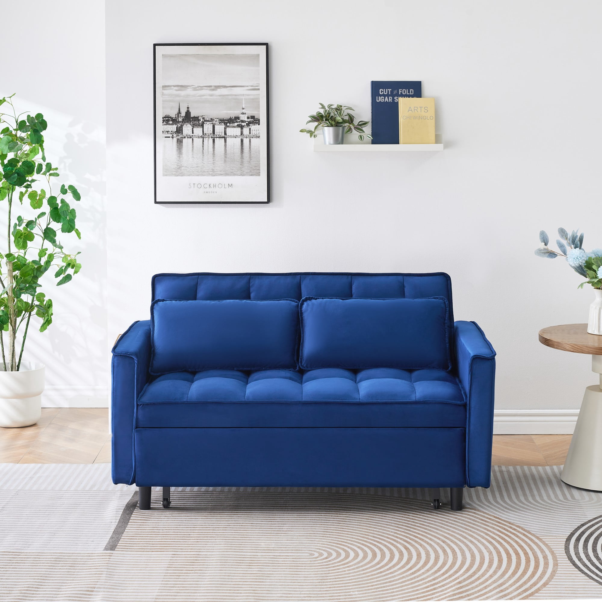 Gewnee 55''3 in 1 Convertible Modern Pull Out Couch Bed,Adjustable Backrest,Velvet Loveseat Futon Sofa with Pillows & Pockets for Living Room,Apartment.(Blue)