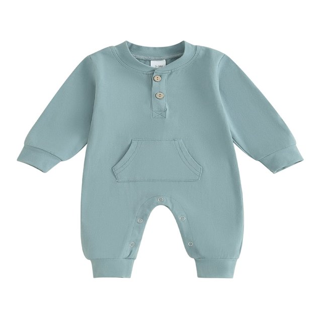 Baby Boy Romper with Pocket in Solid Color and Long Sleeves
