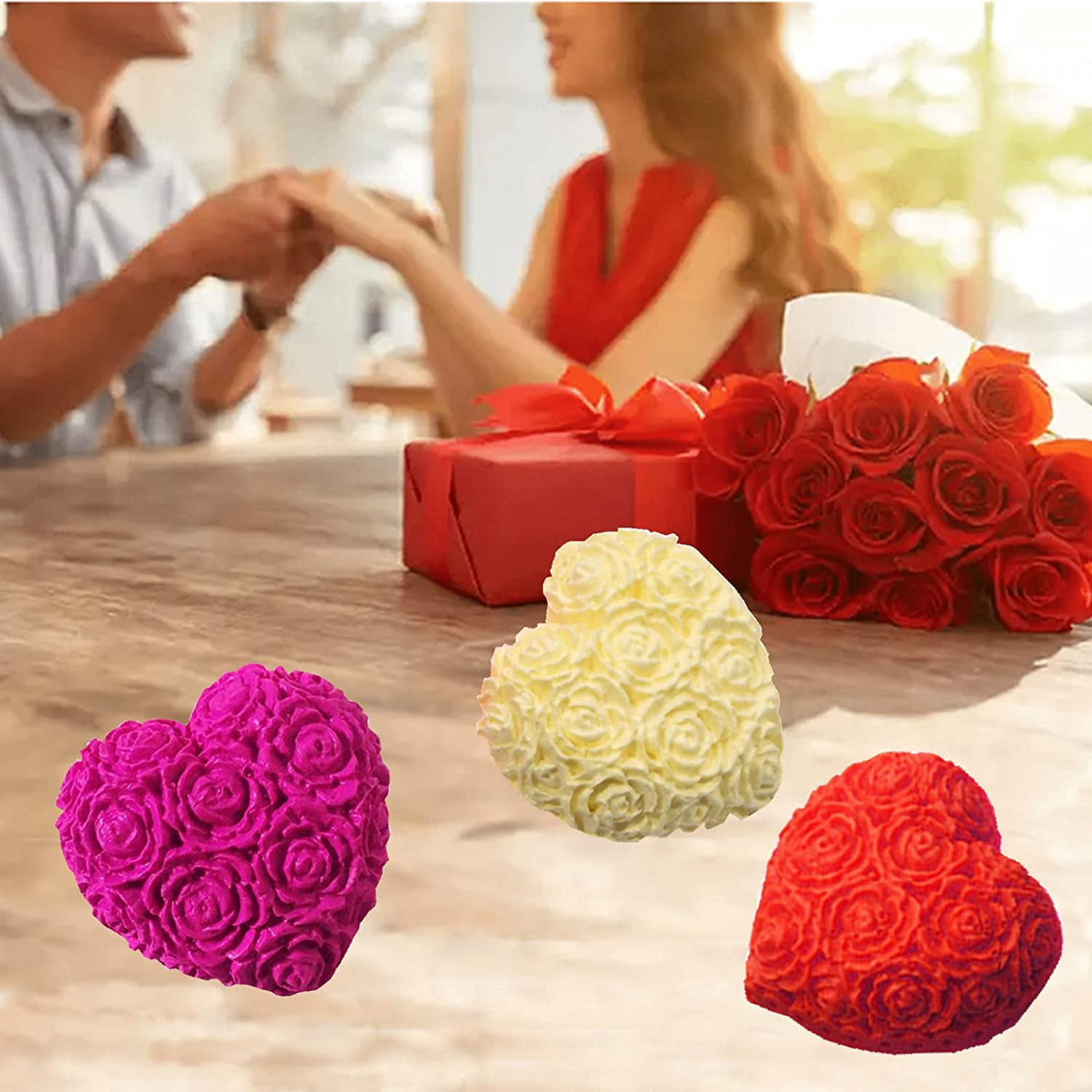 ABCISI 3-Cavity Heart Rose Flower Silicone Mold, DIY Silicone Mold for Soap Fondant Cake Decoration Chocolate Candle Bath Bomb, Perfect for Valentine's Day Gift, Wedding, Anniversary, Engagement