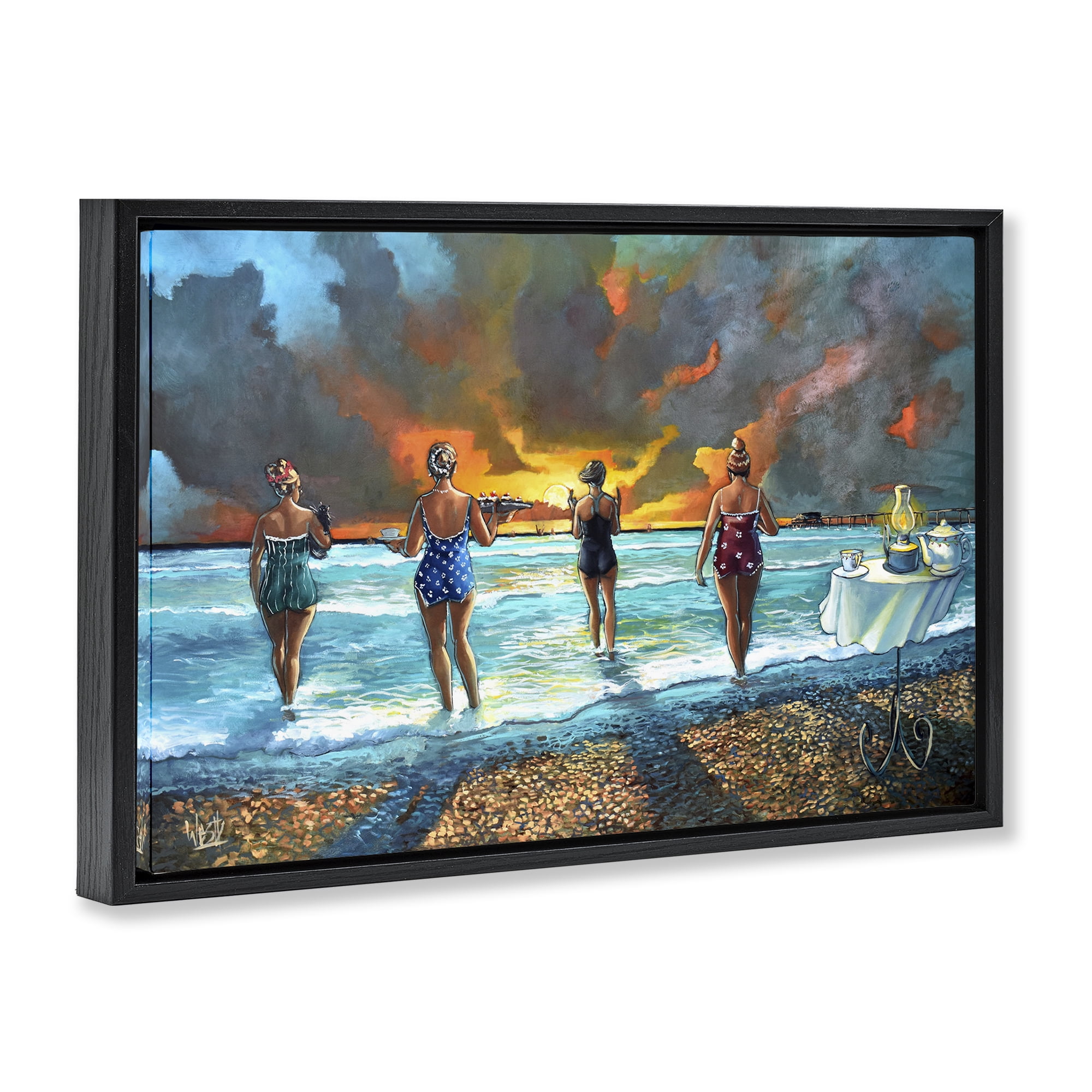 Stupell Industries Elegant Ladies on Beach Novelty Painting Black Floater Framed Canvas Art Print Wall Art, 25 x 17