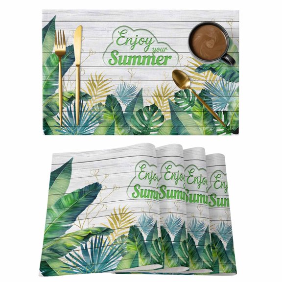 Tropical Leaves Placemats Set of 6 Monsteral Palm Leaves Summer Plants Wooden Gray Place Mats Indoor Wipeable Table Mats Washable Dining Table Placemats for Kitchen Holiday Party Decor 13x19 Inch