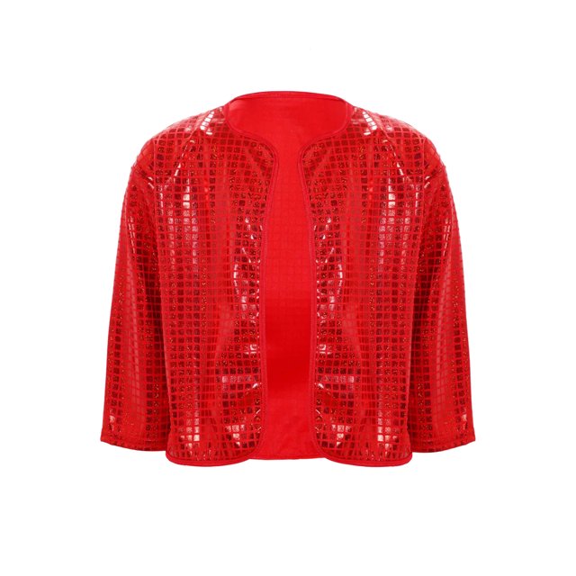 XUNZOO Kids Girls Sequin Tops Metallic Short Sleeve Bolero Shrug Open Front Cardigan Pageant Party Fancy Dress Up Red 130