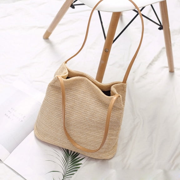 Masteelf Knitted Bag Handmade Straw Bag Bucket Bag Shoulder Bag(Light Beige)
