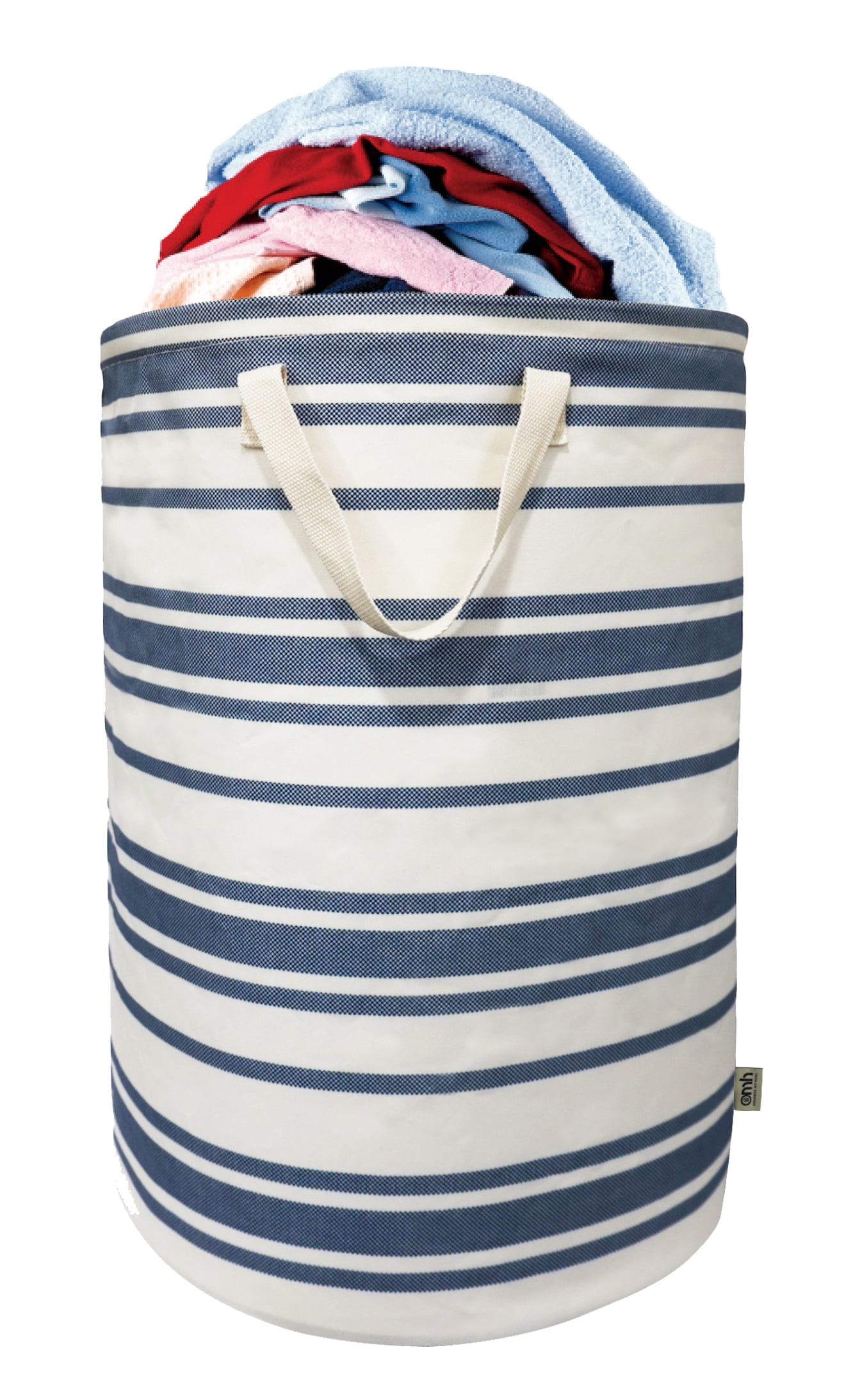omh ORGANIZE MY HOME – 24 Inches Large Freestanding Round Laundry Hamper with Drawstring Closure, Collapsible Clothes Storage Hamper- Blue Stripes