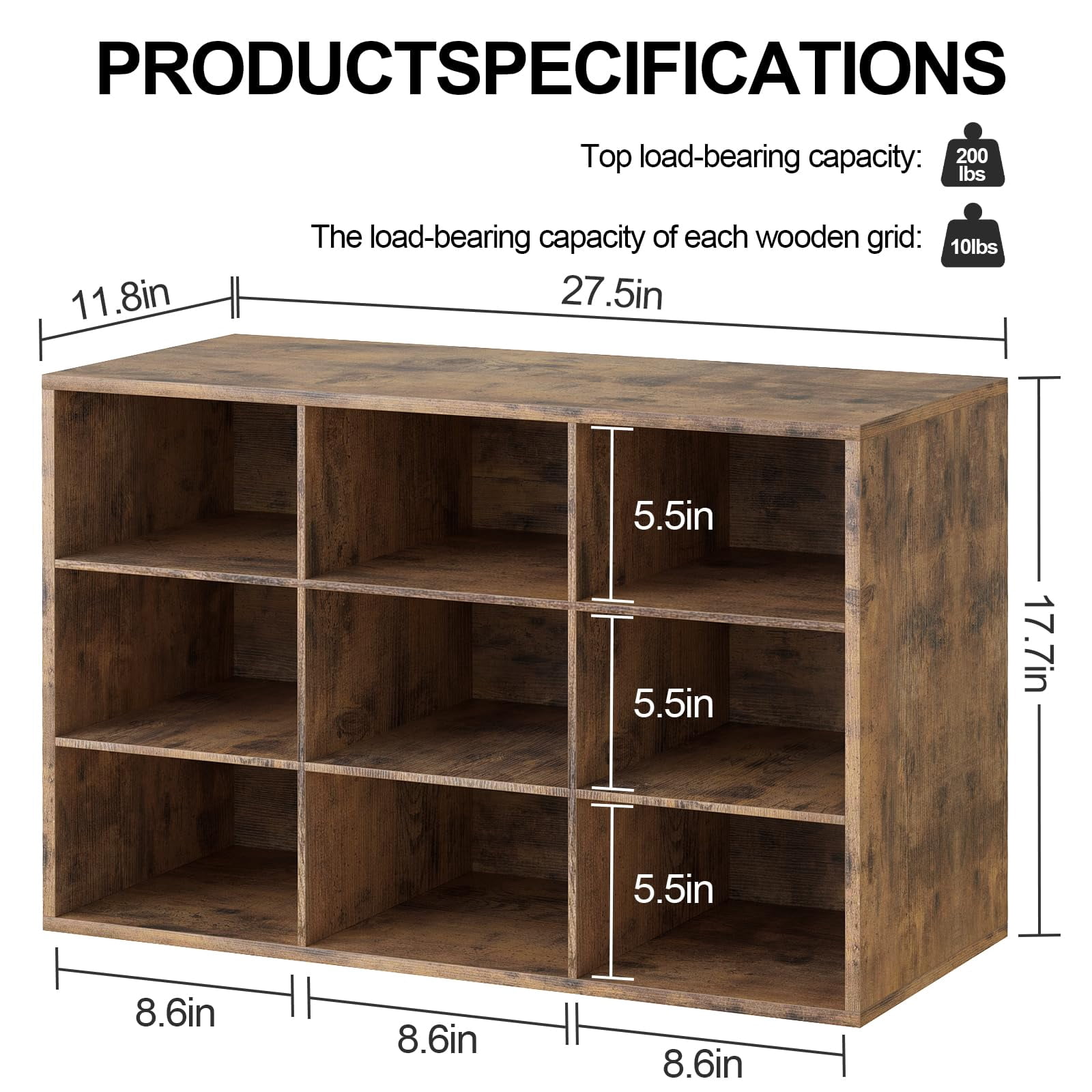 Shoe Storage Bench, Cubby Shoe Rack with 9 Cubbies, 3-Tier Wood Shoe Rack Organizer, Shoe Organizer Cabinet for Entryway, Hallway, Closet and Garage, Brown