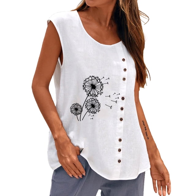 Pompotops Blouse Décontractée Sans Manches à Boutons Col Rond Ample pour Femmes