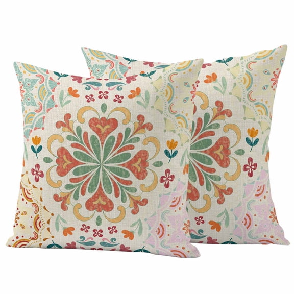 Beige Boho Outdoor Waterproof Pillow Covers, Retro Ethnic Shabby Colorful Floral Patterned Decorative Square Throw Pillowcase Sofa Cushion Sham for Patio/Couch/Chair, 24"x24" 2 Pack