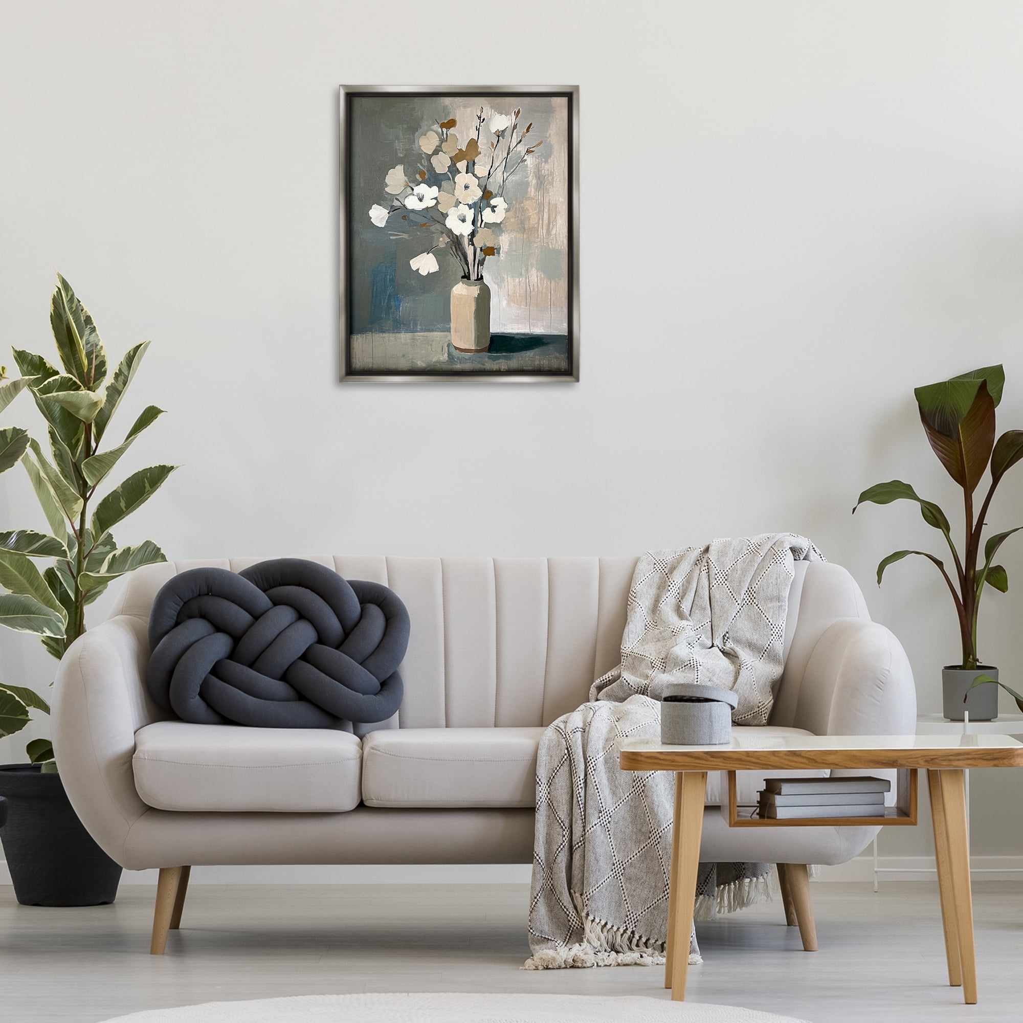 Stupell Industries Natural Floral Vase Botanical & Floral Painting Gray Floater Framed Canvas Art Print Wall Art, 25 x 31