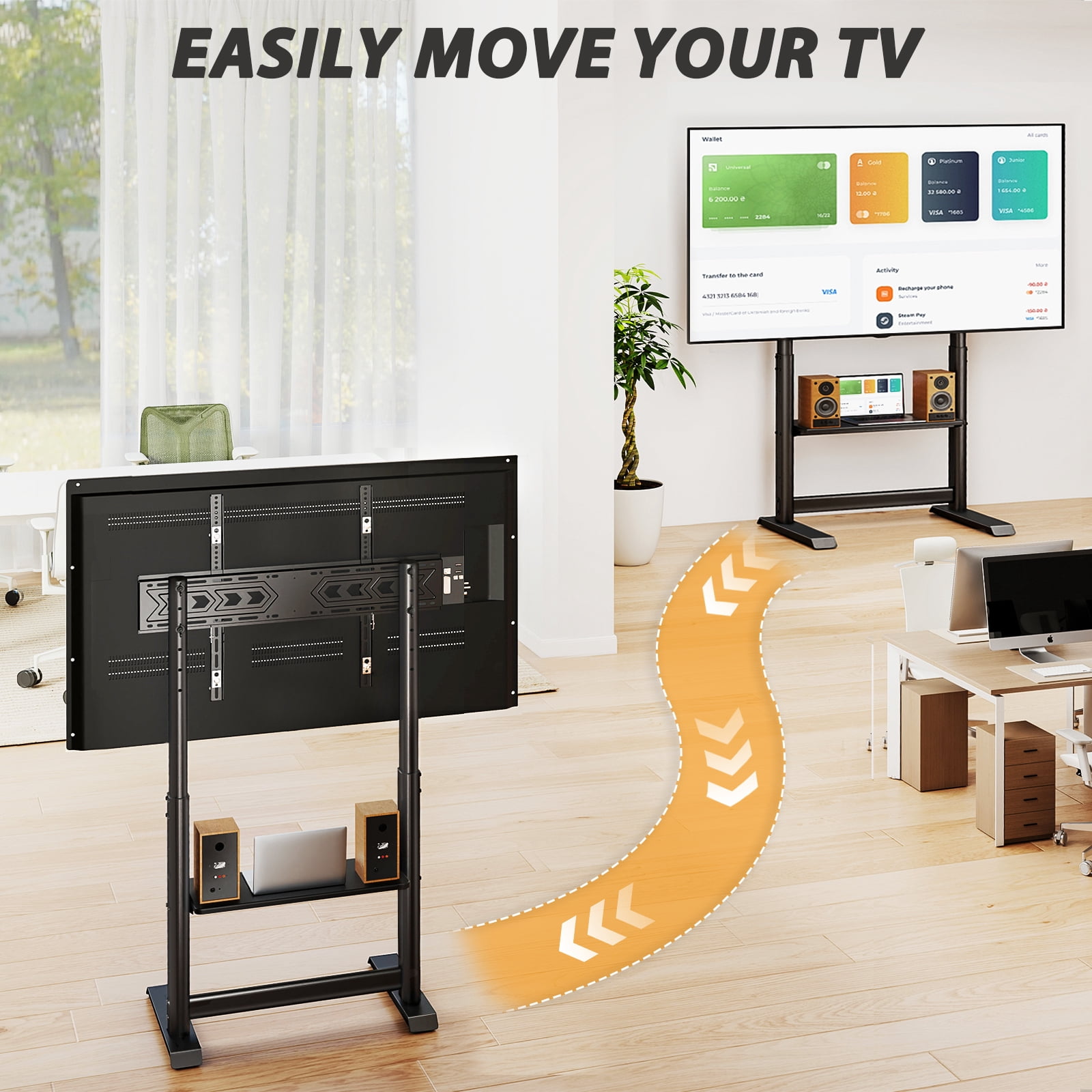 RTVR Rolling Floor TV Cart Stand with Wheels for up to 86 inch Screens, Heavy Duty Conner TV Mount Stand, Black