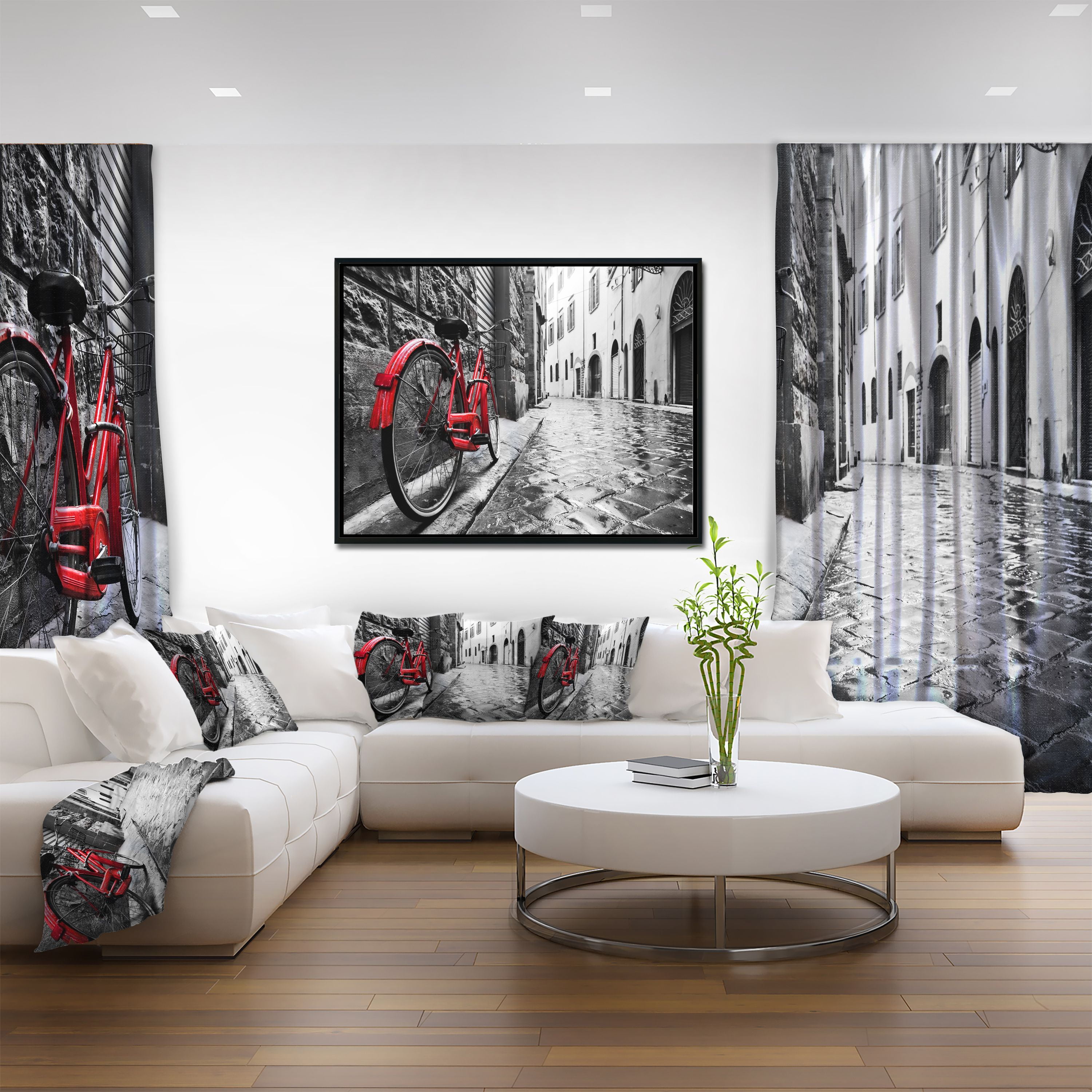 Designart ' Retro Vintage Red Bike ' Cityscape Photo Framed Canvas Art Print