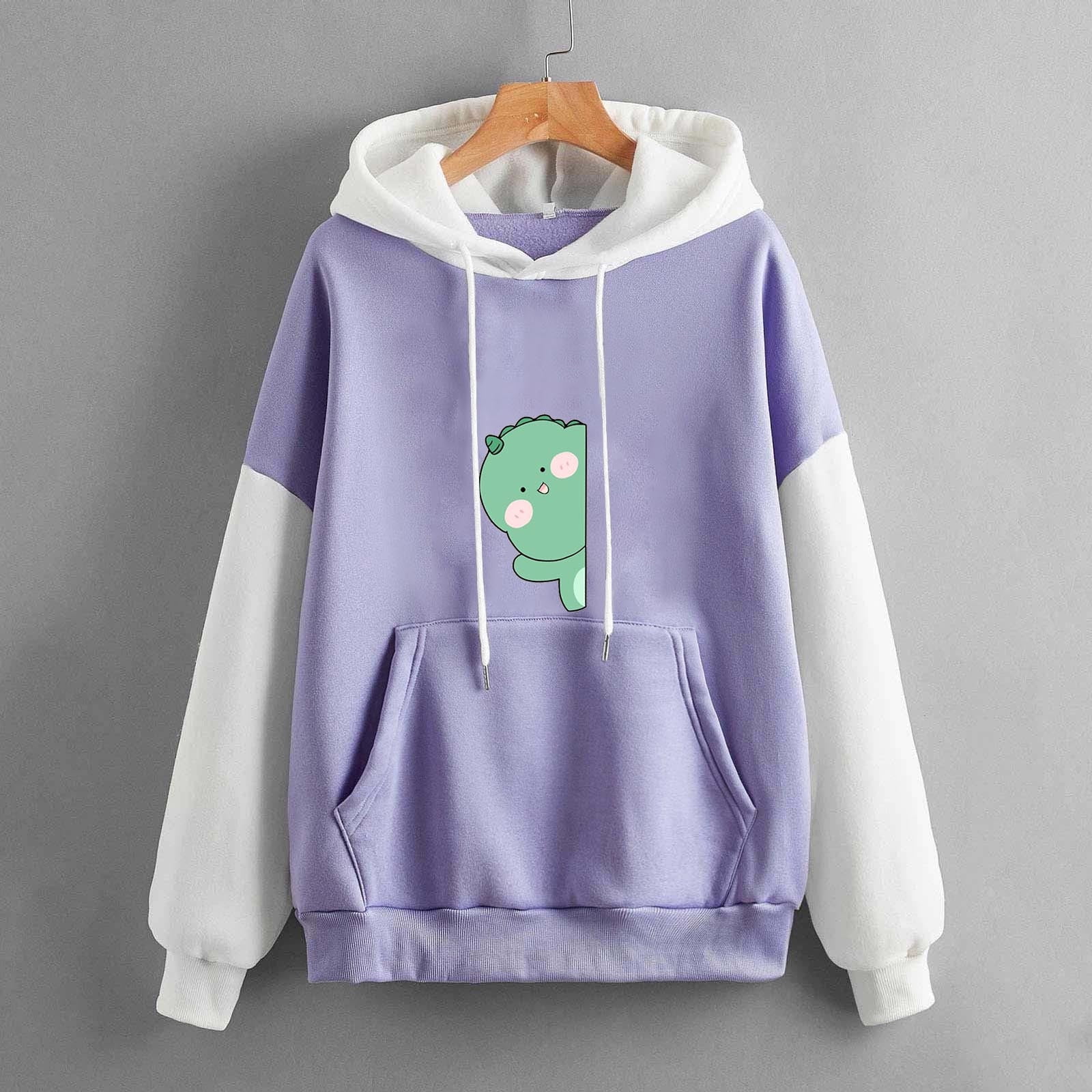 Cute dinosaur letter printed color block long sleeve dinosaur 2025 shape apricot hoodie