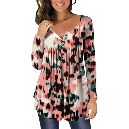 

Zedker Long Sleeve T Shirts for Women Shirts for Women Trendy Women s Casual Long Sleeve Open Button Crew Neck Loose Fit Pleated Tunic Shirt Blouse Tops