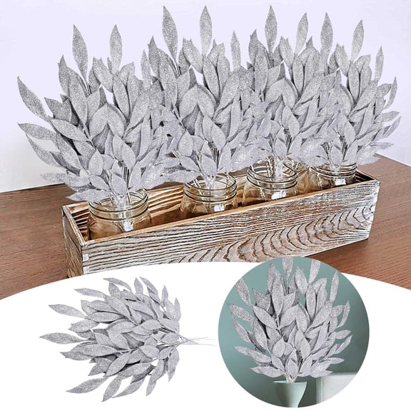 Christmas Glitter Leaves Gold Leaf Picks Spray Tree Picks Giltter For Christmas Tree DIY Xmas Wreath Garland Vase Fillers 10PCS Christmas Decorations Christmas Gifts For Grandkids Silver 32.2X10.5CM