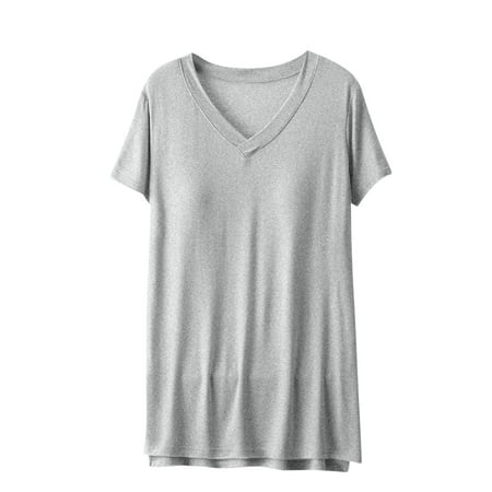 MIUOWANP Women s T-Shirts Loose Fit V-Neck Shirt Solid Color with Built In Bra Cups Lightweight Loungewear Size L(8)Gray