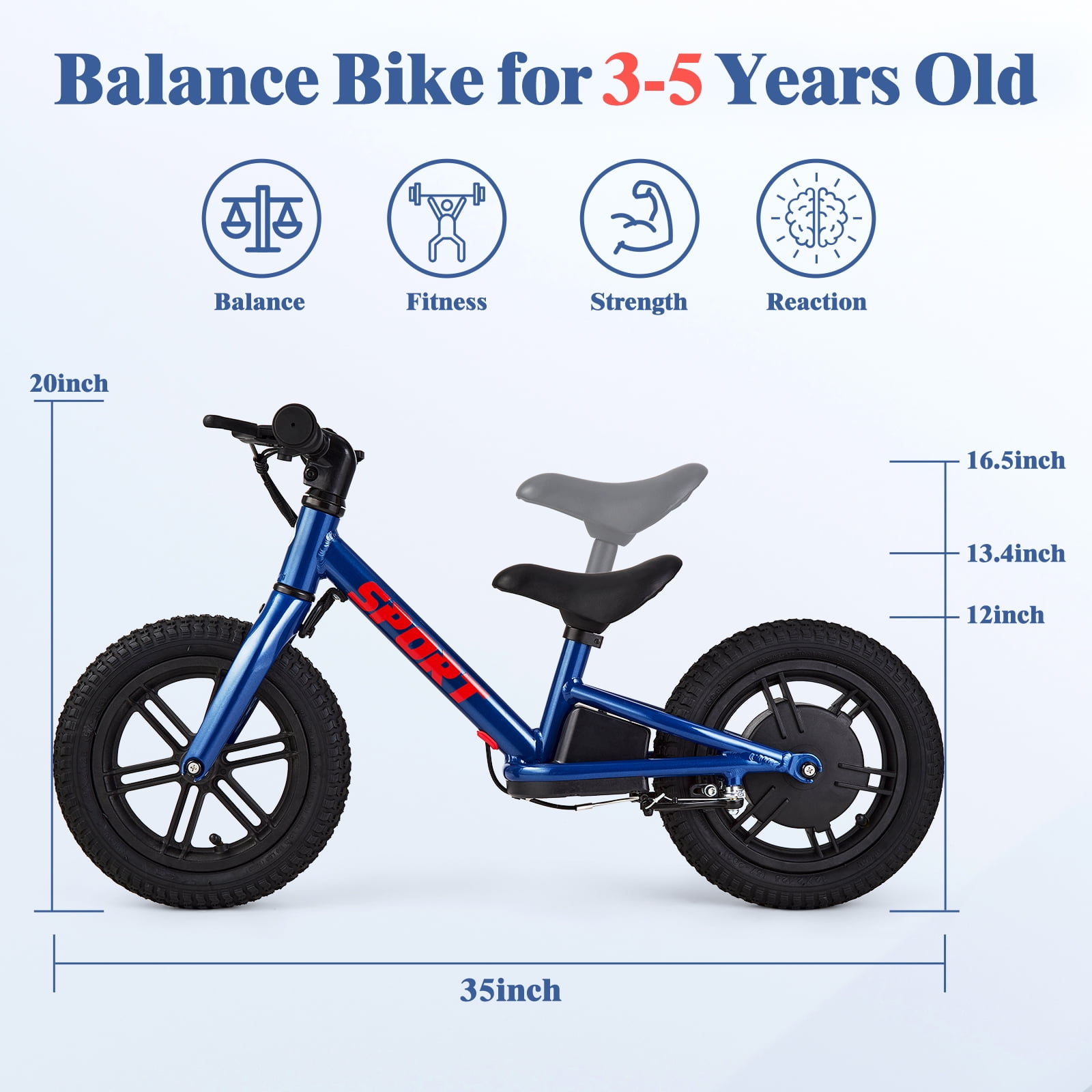 Beginner Electric Balance Bike for Kids Ages 3-5 – 12-Inch Inflatable Tires – 24V 100W Motor – 2 Speed Modes – Adjustable Seat – E-Dirt Bike for Boys and Girls – Blue