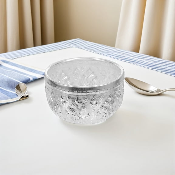 LOLIPPYY Silver Tin Serving Bowl for Thai Cuisine Rice and Salad with Traditional Carved Metal