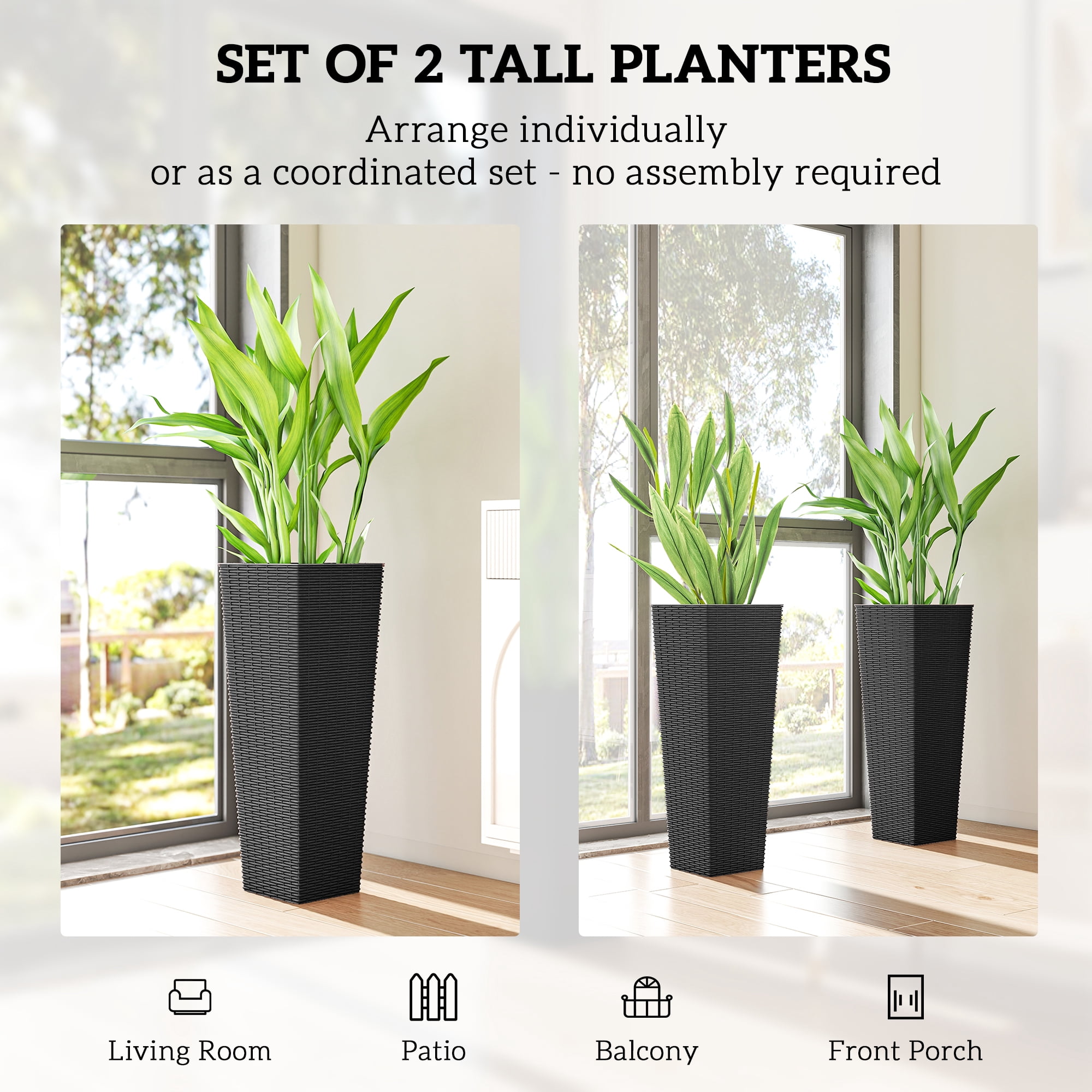 Outsunny 32 Inch Tall Planters for Outdoor Plants, Set of 2 Plastic Flower Pots with Drainage Holes, Black