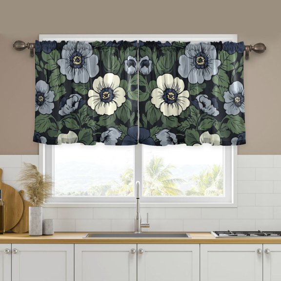 Yayeee Kitchen Curtains Tier Set of 2 Light Filtering 57"x24" Over Sink Window Panels, Dark Floral