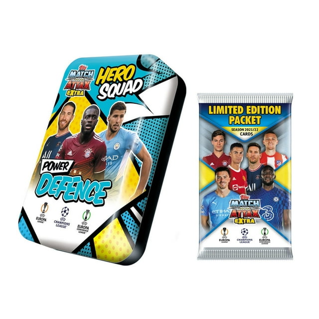 2021-22 Topps Match Attax Extra Champions League Cards - Power Defence Mega Tin + BONUS Promo Pack (71 Cards + 3 le Power Defence Cards + le Hero Squad Card)
