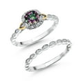 thumbnail image 2 of Gem Stone King 925 Silver and 10K Yellow Gold Lab Grown Diamond Bridal Ring Set for Women Green Mystic Topaz (1.13 Cttw, 5mm Cushion Cut, Available in Size 5,6,7,8,9), 2 of 5