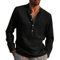 thumbnail image 4 of Huresd Mens Cotton Linen Henley Shirts Long Sleeve Summer Casual T-Shirt Regular Fit Lightweight Yoga Tops with Pocket Black 3XL, 4 of 6
