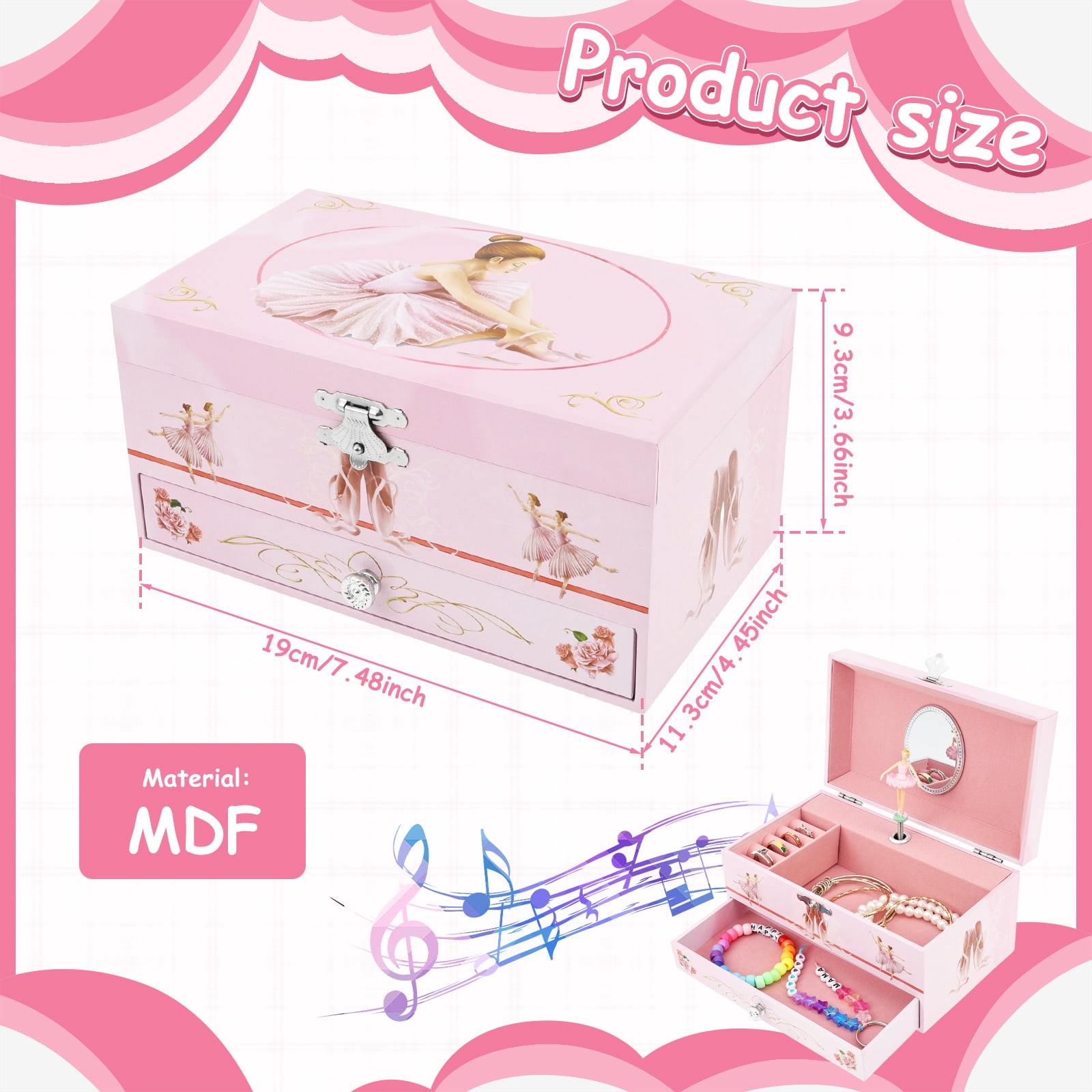 Classical Ballerina Musical Jewelry Box with Drawer and Dancing Ballerina,Girls Gifts for Kids Jewel Storage, Girls Music Box for Kids Ages 3-12 Gift