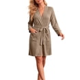 thumbnail image 3 of Women's Knee Length Wrap Robe Ribbed Knit Bathrobe with Pockets and Tie Belt Cozy Homewear Sleepwear, 3 of 8