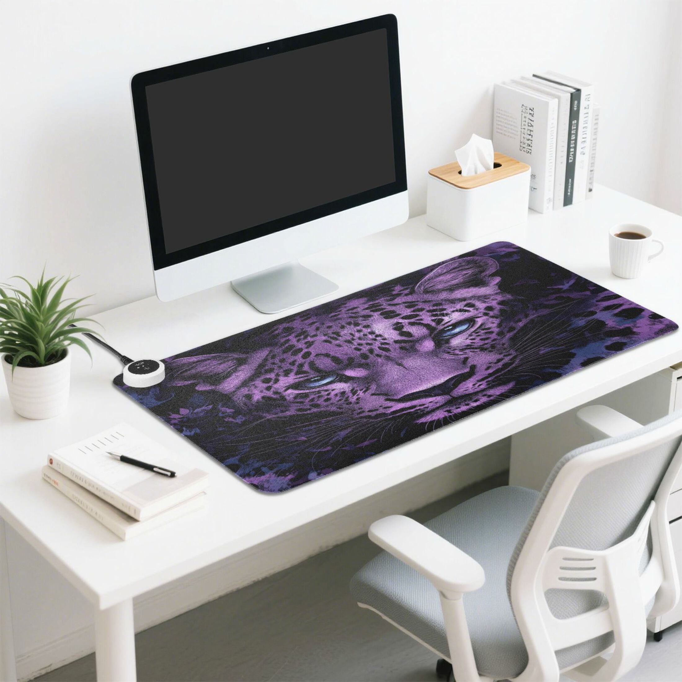 Wobogo Purple Leopard Heated Mouse Pad Extra-Large Desk Mat With 3 Heating Levels and 3-hour Auto Shut-Off Protection Ideal for Computer Keyboards Home Office Hand-warming Essential 31.5in × 13in