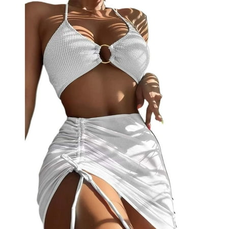 Daznico Womens Swimsuits Women s Solid 3 Piece Bathing Suits Halter Neck Bikini Set With Cover Up Skirt White M