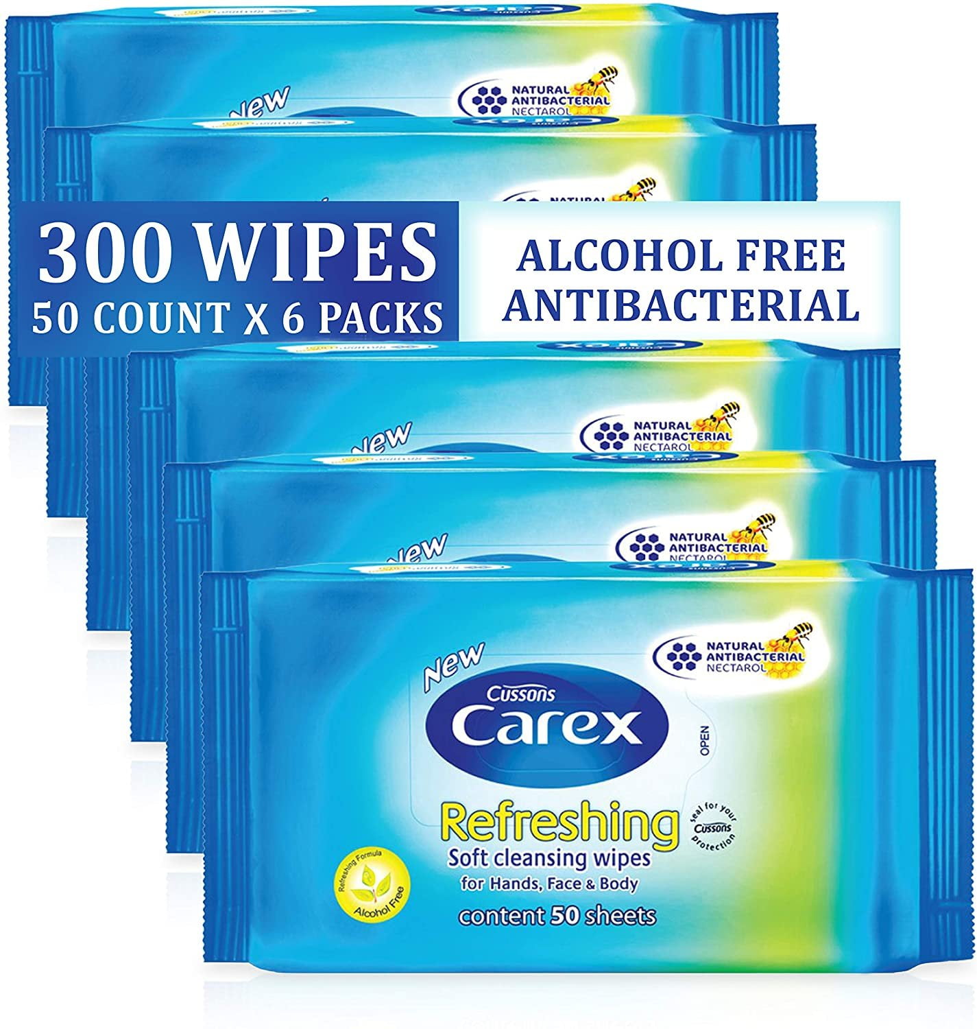 Cussons Carex - Alcohol Free - Refreshing Soft Cleansing Wipes for Hands Face & Body - Refreshing Formula - 50 Count Pack of 6 = 300 Count