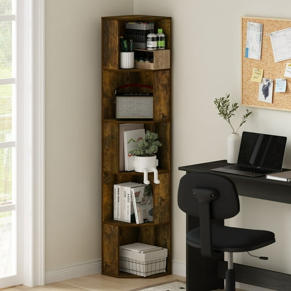 Furinno Econ 5-Tier Freestanding Corner Shelf Bookcase, Bookshelf, Amber Pine