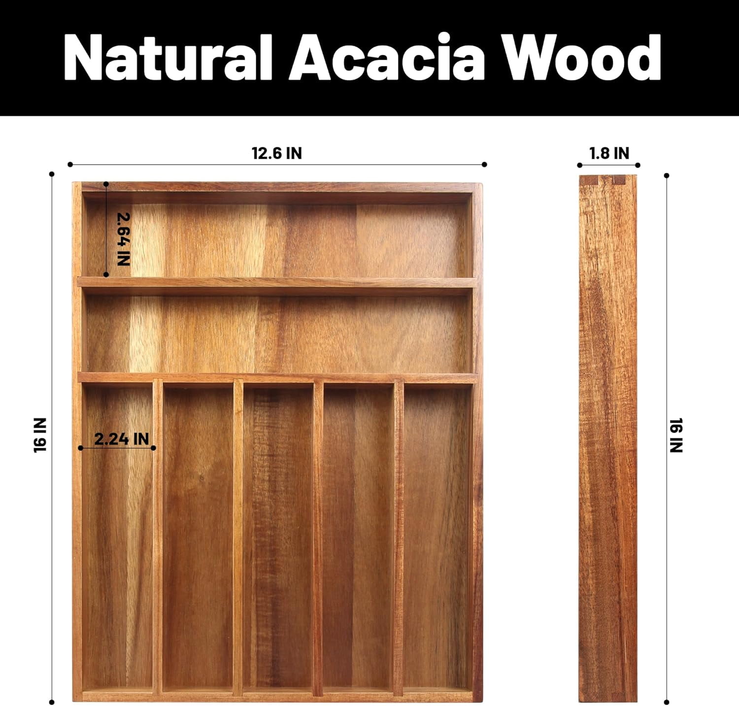 Acacia Wood , Kitchen Utensil Drawer Organizer for Forks & Spoons, 7-Compartment Cutlery Tray, Flatware Holder