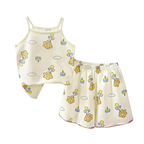 Hrsba Kids Summer 2 Piece Outfits Sets,Fashionable Girl Casual Sleeveless Round Neck Shorts Printed Summer Set,Toddler Summer Round-Neck Tank Top Sets