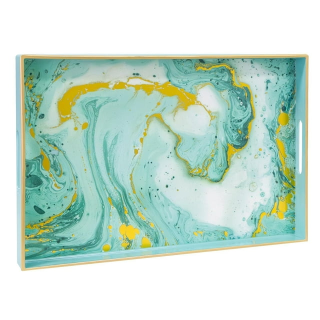 Bandeja de servir turquesa con asas, bandeja decorativa de plástico para mesa de centro, bandeja rectangular para baño, otomana, almacenamiento, 15.7 pulgadas de largo x 10.2 pulgadas de ancho