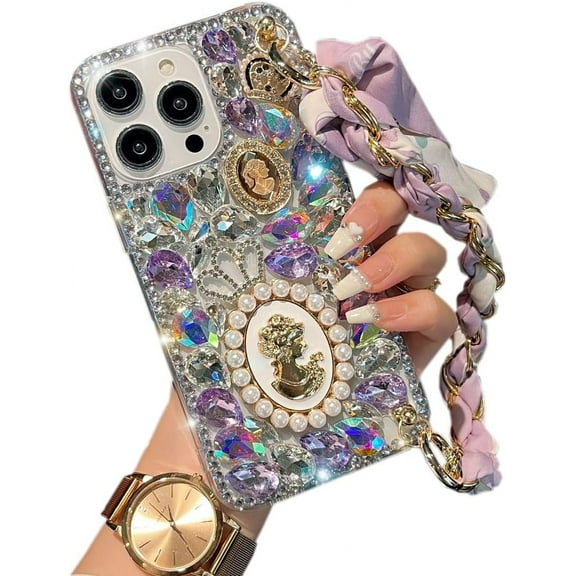 Compatible for iPhone 14 Pro Max Glitter Bling Case, Cute Luxury 3D Crystal Queen Rhinestone Full Diamond with Silk scarf wristband Chain Women Girls Case Cover for iPhone 14 Pro Max 6.7"