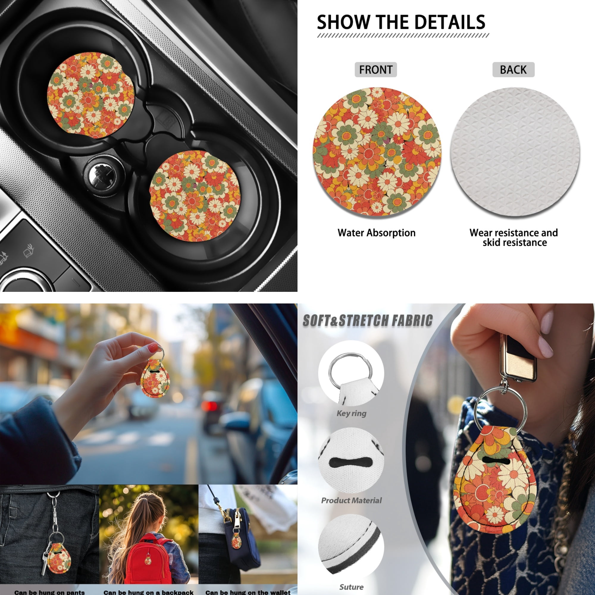 Jeiento Abstract Hippie Flower 13 PCS Car Seat Cover Set, with Steering Wheel Seat Belt Covers Center Console Pad Coasters Keychain Lipstick Holder Auto Interior Accessories Full Set for Women