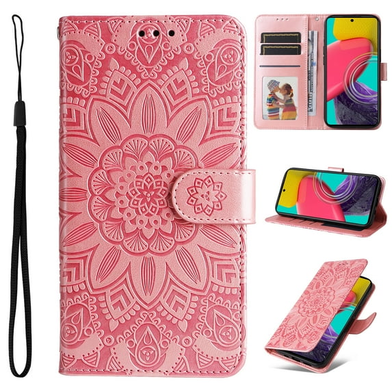 Wallet Case for Samsung Galaxy A04E, Exquisite Flower Embossed Pattern Magnetic Clasp PU Leather Flip Folio Cover with Kickstand Card Slots Holder Soft Silicone Shockproof Case,Rosegold