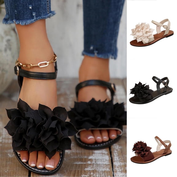 HomeDM Sandals for Women Open Toe Flats Dressy Flower Summer Vacation Sandals Ankle Strap Comfort Walking Beach Sandals, Size 5.5