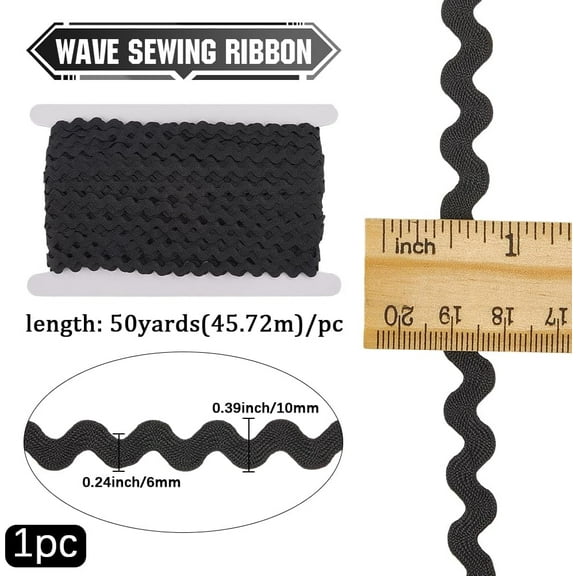50 Yards Rick Rack Trim for Sewing 3/8 Inch RIC Rac Black Sewing Rickrack Lace Wave Ribbon Zig Zag Wave Bending Lace Trim S Shaped Woven Fabric for DIY Crafts Wedding Dress Clothes