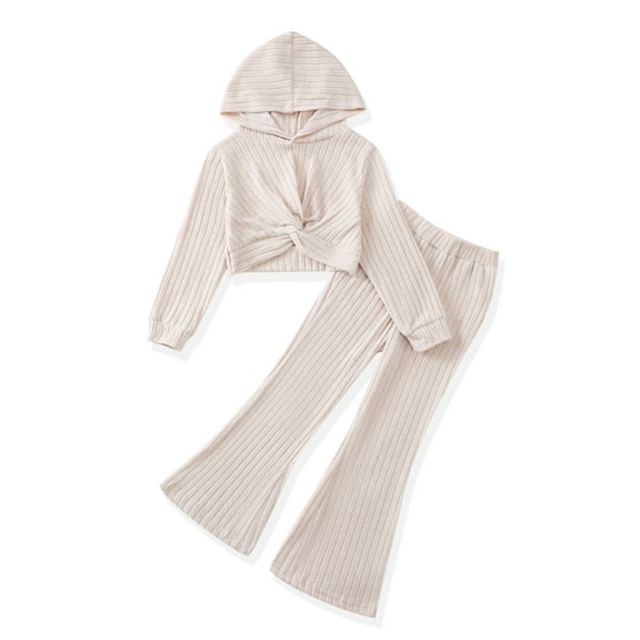 Girls Outfits Size 11-12 Fall Winter Light Beige Hoodie Tops Long Sleeve and Flare Pants Sets Sweatsuits Girl Clothes 11-12 Year