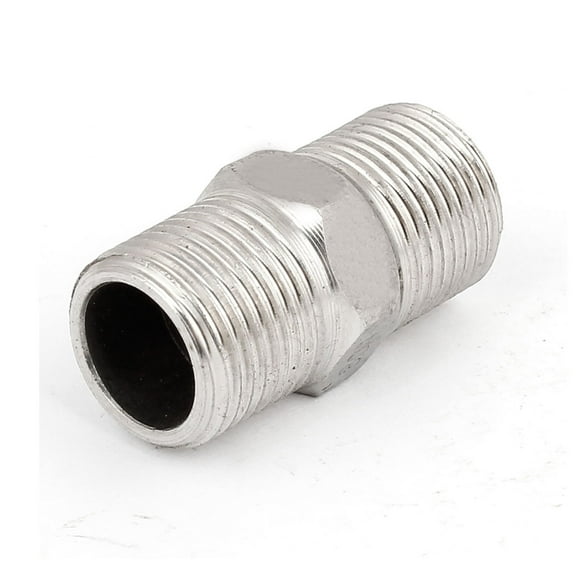 Unique Bargains Silver Tone Metal 3/8PT 16mm Equal Male Thread Hex Nipple Fitting Adapter