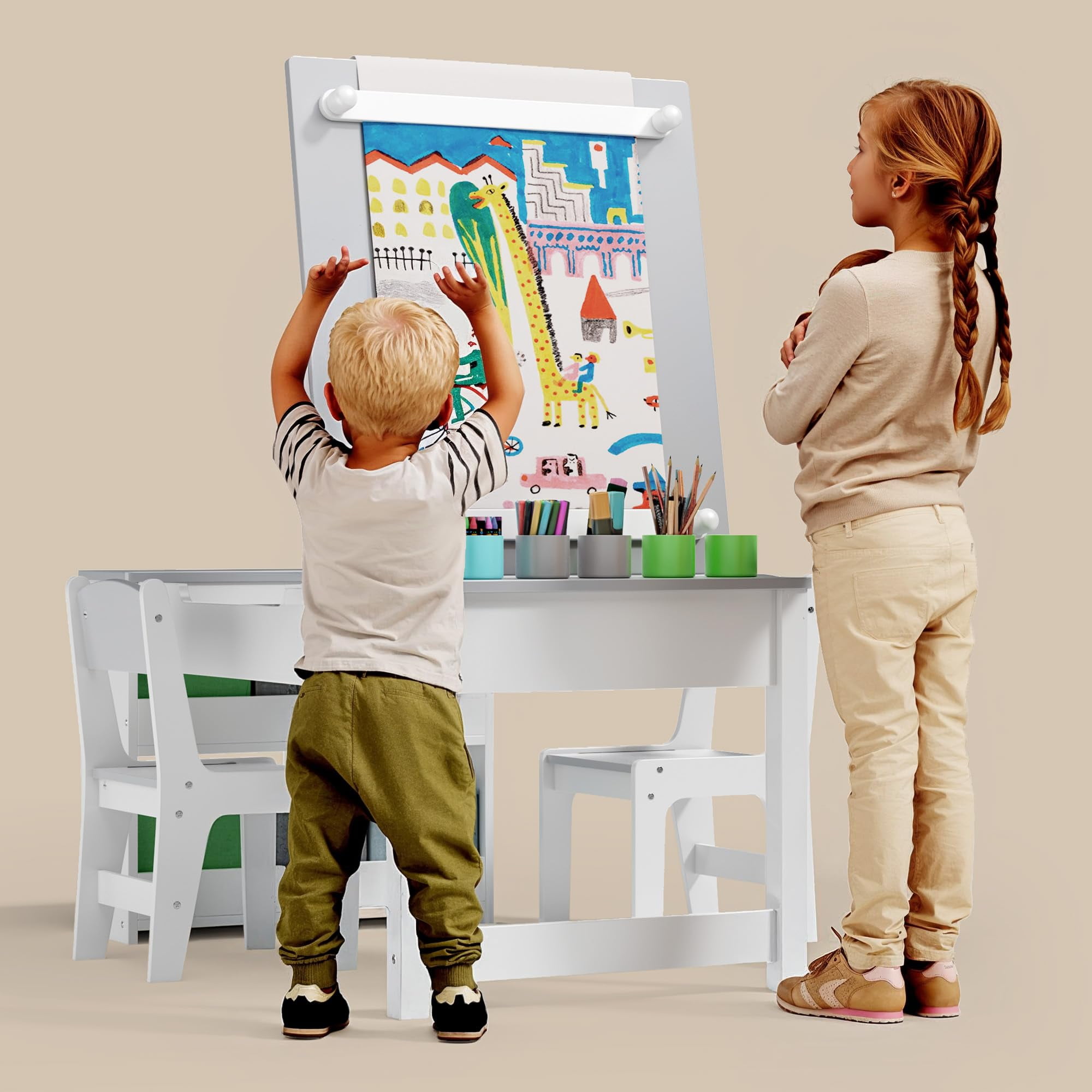 Aiho 3 in 1 Wooden Kids Art Table & Chairs Set with Removable Storage Lid - Toddler Activity Craft Table for Drawing, Studying & Creative Play, Gray
