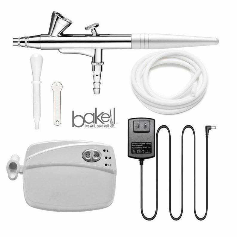 Bakell - Professional Series Airbrush Gun Kit (White Edition) Including Four, 4g Jars of Luster Dust for Cake Decorating, Art and Crafting!