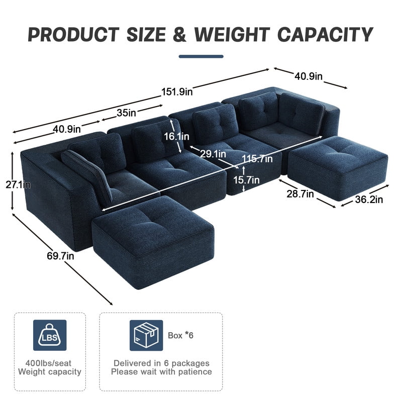 FFH 152" U-Shaped Sectionals for Living Room, 4 Seater Cloud Sofa with Ottoman, No Assembly, Blue