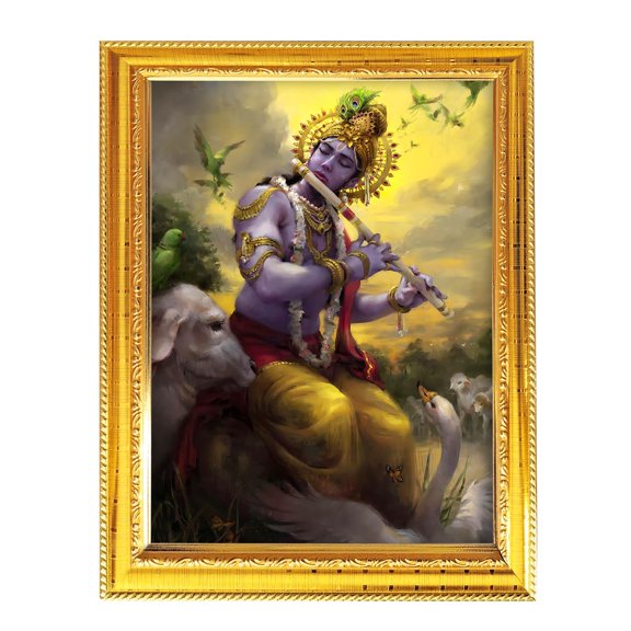 Hare Krishna Spiritual Religious Poster Photo with Golden Frame Indian Puja Worship 8.3X6.5"