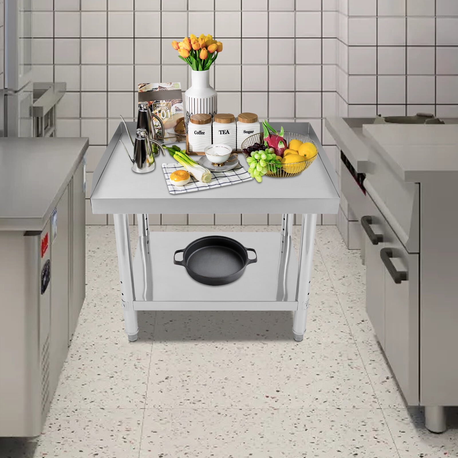 Adjustable Stainless Steel Work Table with Lower Shelf & Backsplash – Heavy-Duty 154 lbs Load Capacity, Rust-Resistant, Easy Clean, Perfect for Kitchen & Garage