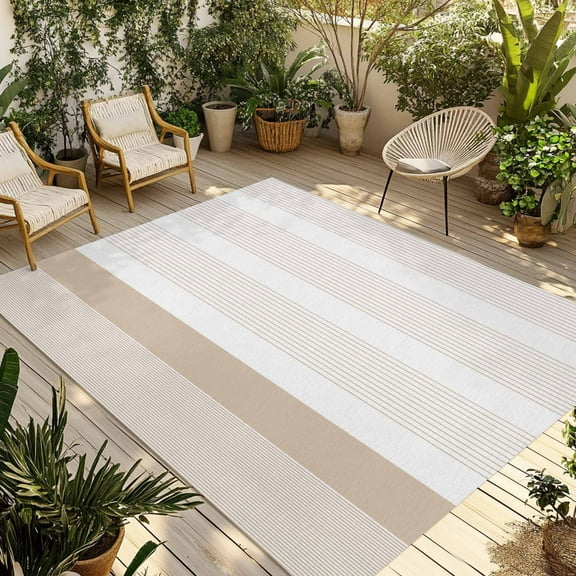 Fsddascl Brown Stripe Outdoor Rug for Patio/Deck/Porch, Non-Slip Large Area Rug 4 x 6 Ft, Modern Rustic Horizontal Brown Striped Indoor Outdoor Rugs Washable Area Rugs, Reversible Camping Rug Carpet